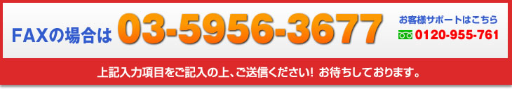 FAXの場合は03-5956-3677、お客様サポートはこちらフリーダイアル0120-955-761　上記入力項目をご記入の上、ご送信ください！お待ちしております。