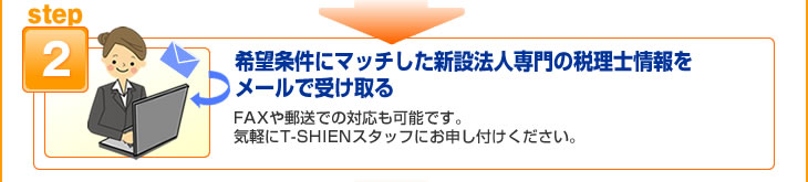 Step.2 希望条件にマッチした新設法人専門の税理士情報をメールで受け取る